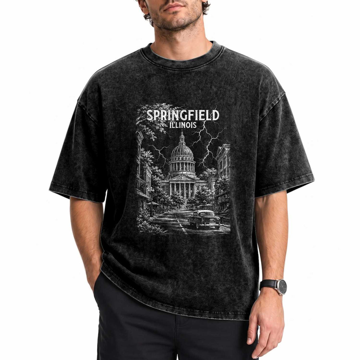 Historic Springfield Illinois Architecture Washed Cotton T-Shirt The Prairie State Souvenir Gift
