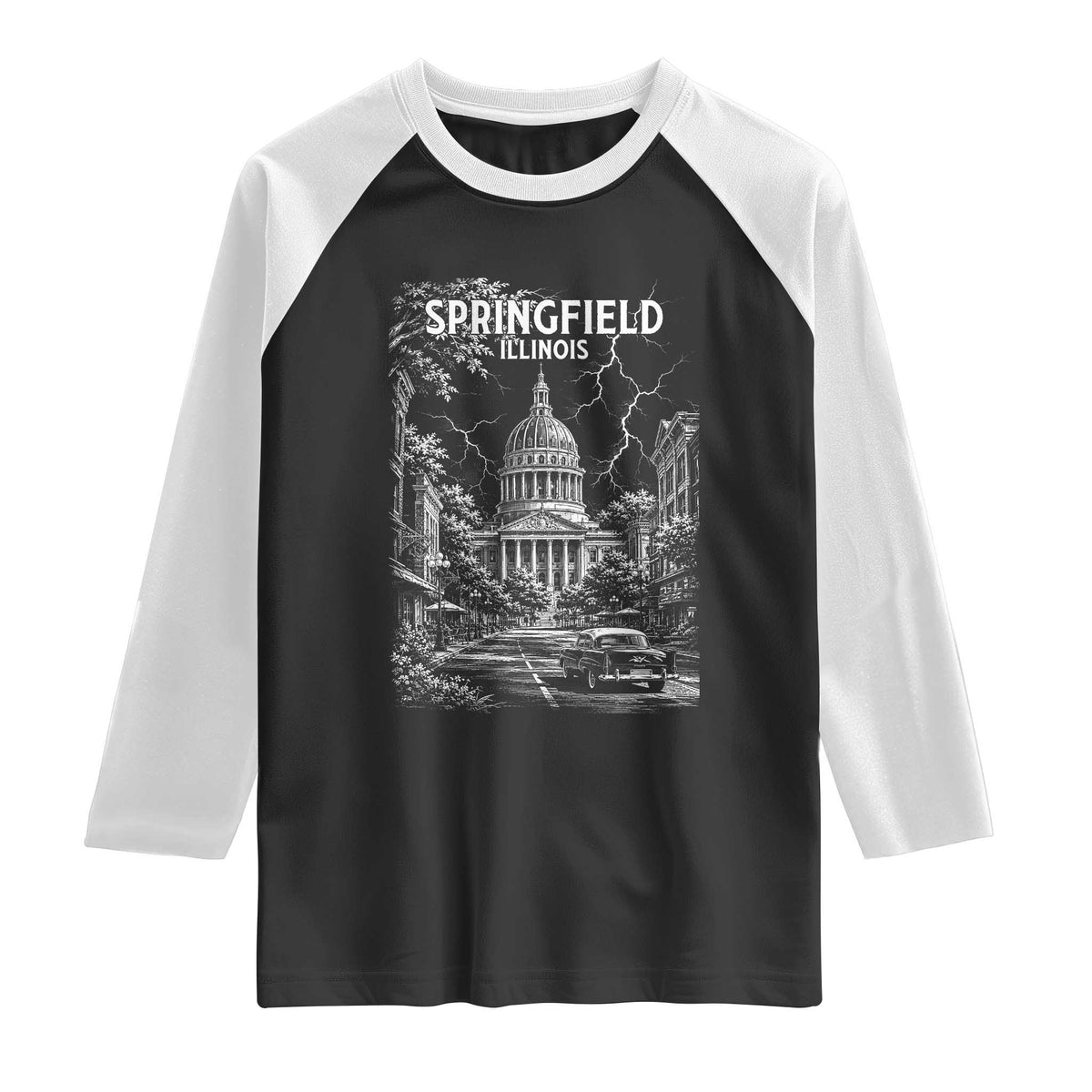 Historic Springfield Illinois Architecture Raglan Shirt The Prairie State Souvenir Gift TS12 Black White Print Your Wear