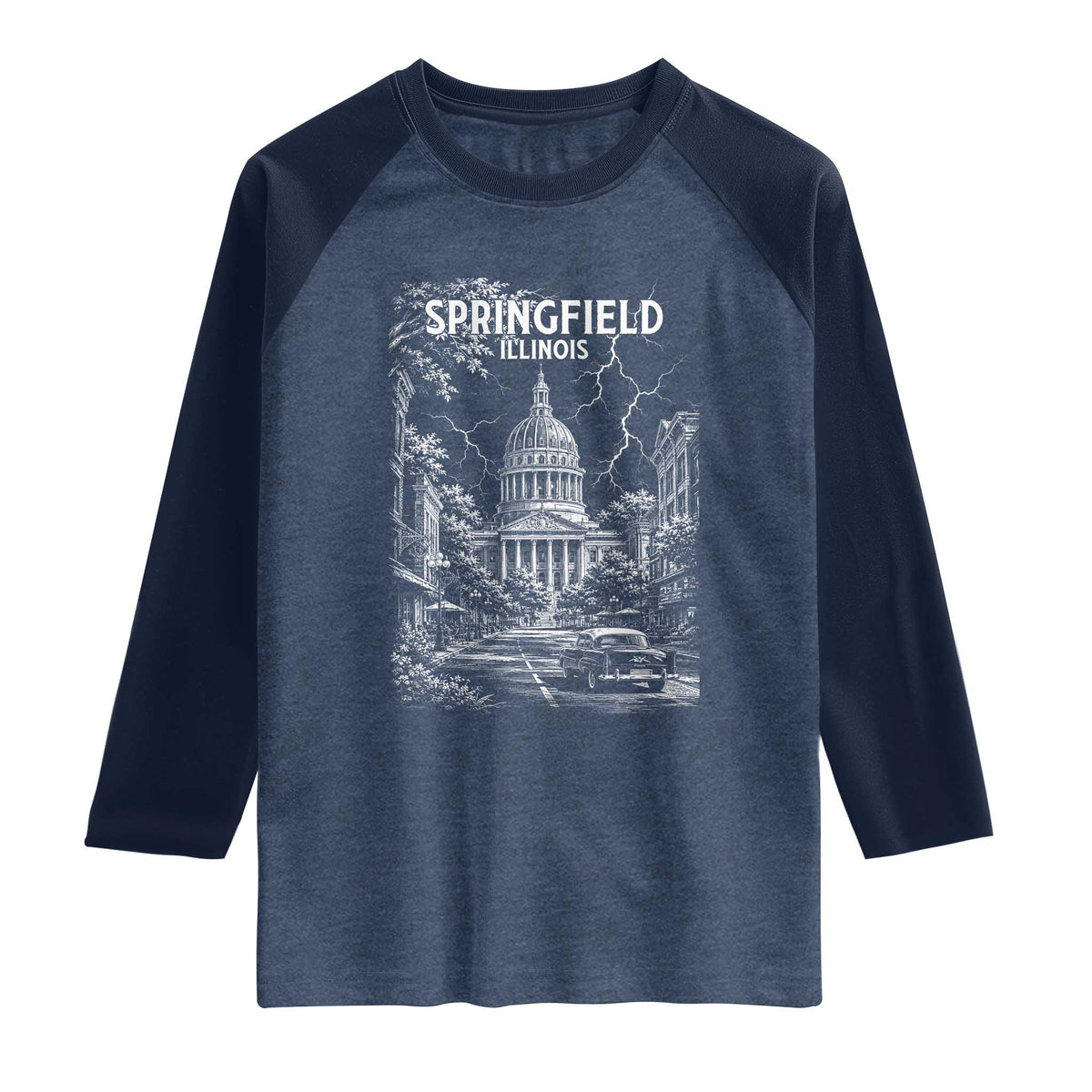 Historic Springfield Illinois Architecture Raglan Shirt The Prairie State Souvenir Gift TS12 Heather Denim Navy Print Your Wear