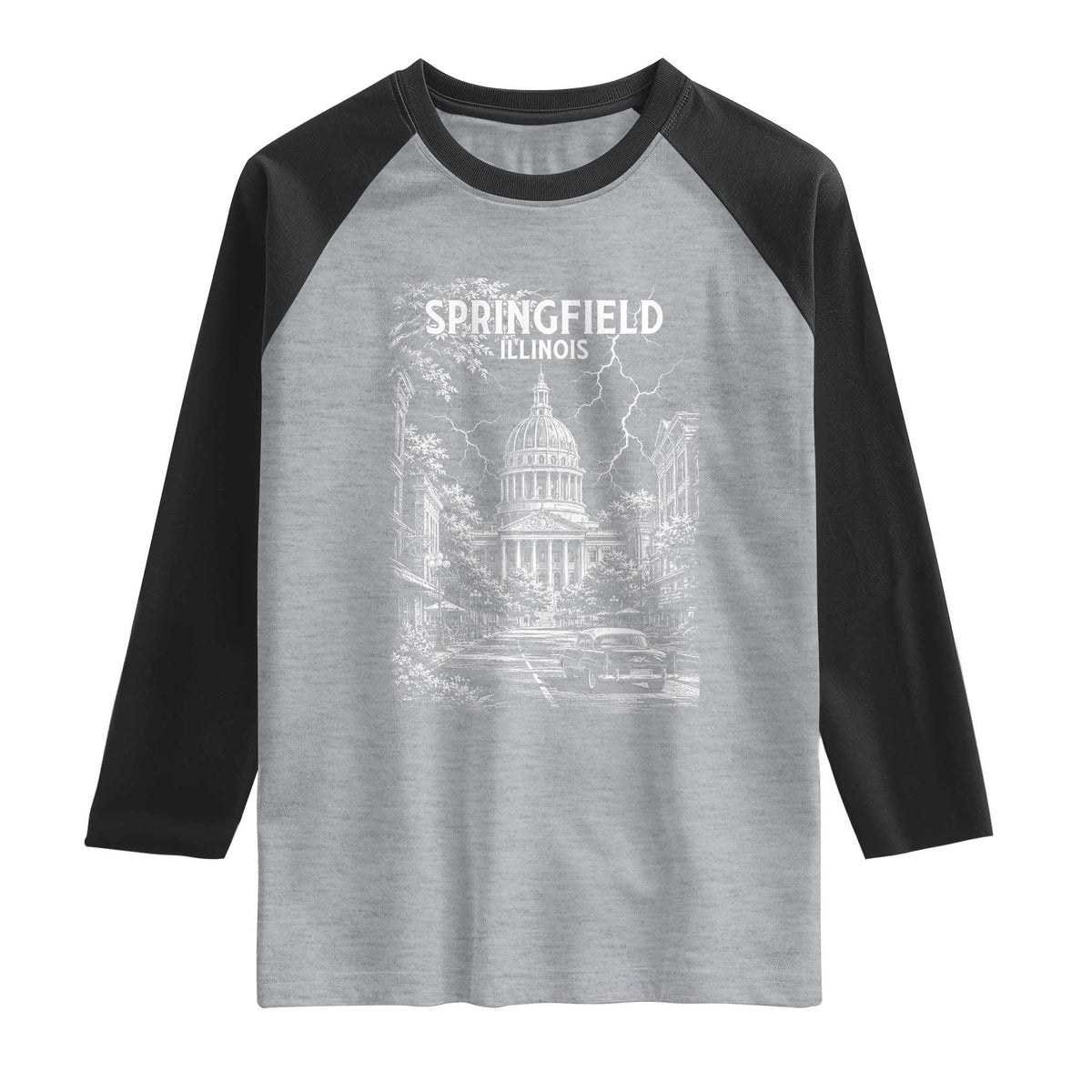 Historic Springfield Illinois Architecture Raglan Shirt The Prairie State Souvenir Gift TS12 Heather Gray Black Print Your Wear