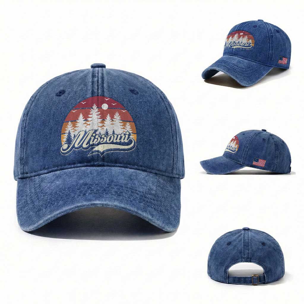 Missouri Travel Gift Washed Cotton Baseball Cap Vintage Forest River Landscape TS12 Washed Cap Universal Fit Royal Blue Print Your Wear