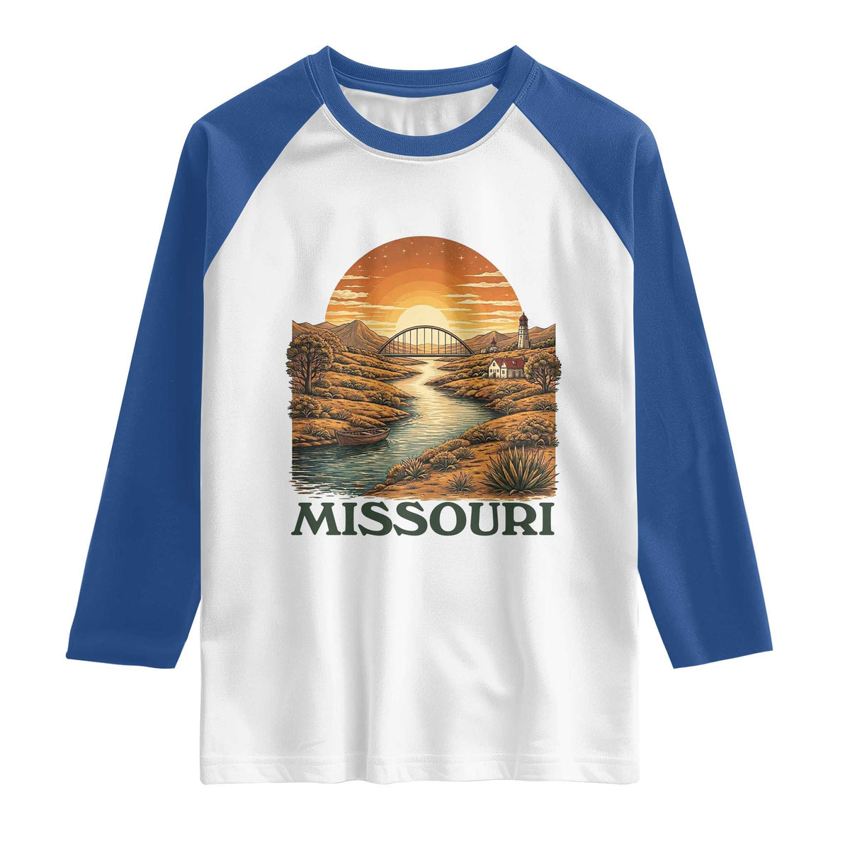 Missouri Outdoors Adventure Raglan Shirt The Show Me State Souvenir TS12 White Royal Print Your Wear