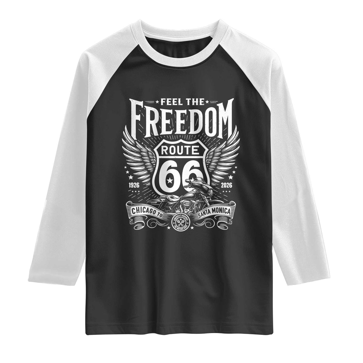 Feel The Freedom Route Highway 66 Raglan Shirt 100th Anniversary Biker Road Trip Graphic TS12 Black White Print Your Wear
