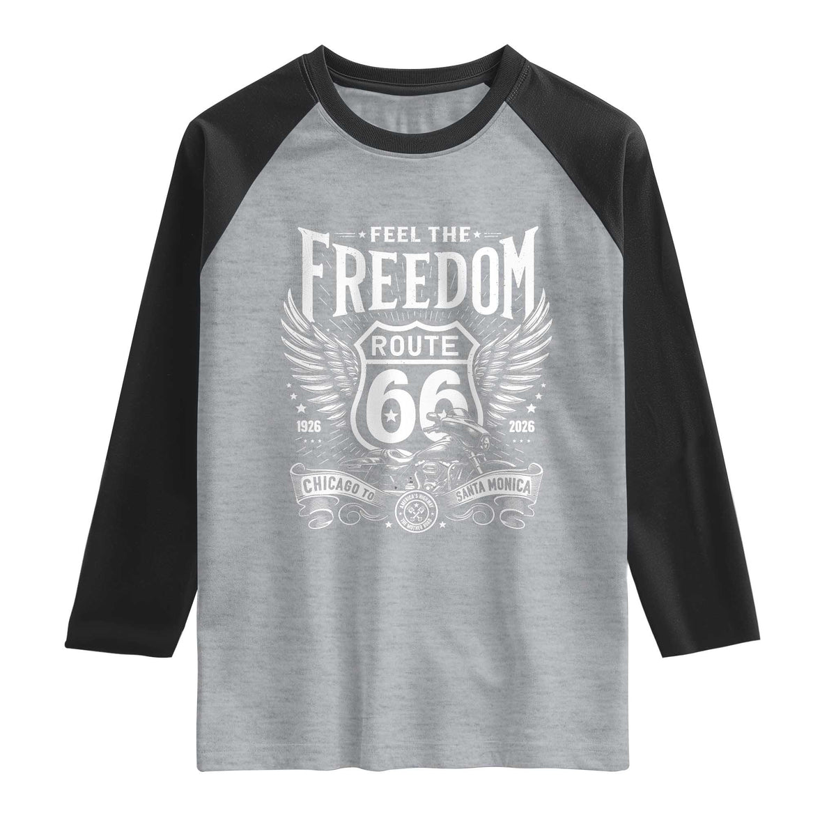 Feel The Freedom Route Highway 66 Raglan Shirt 100th Anniversary Biker Road Trip Graphic TS12 Heather Gray Black Print Your Wear