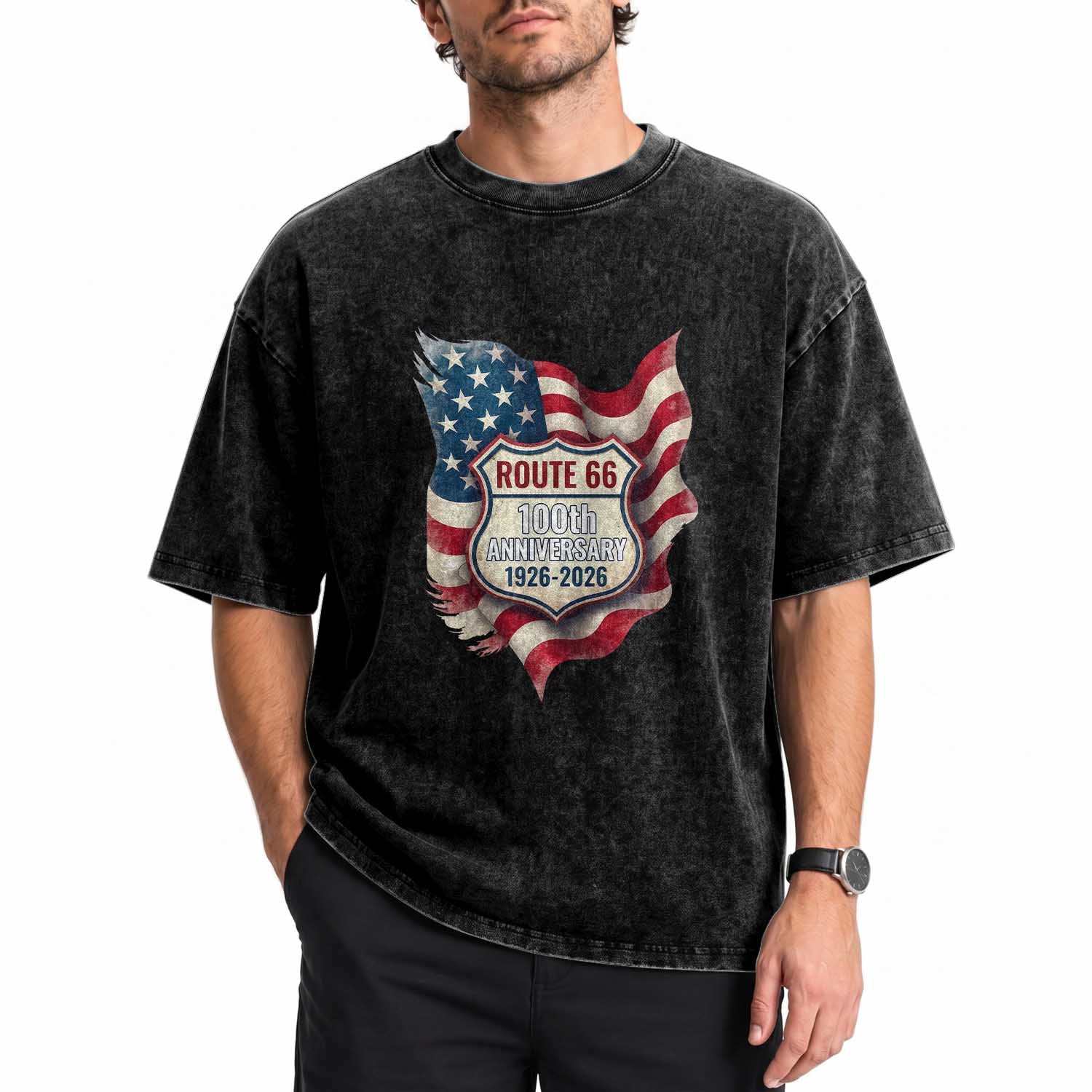 Route Highway 66 Centennial Washed Cotton T-Shirt Vintage American Flag Patriotic Gift