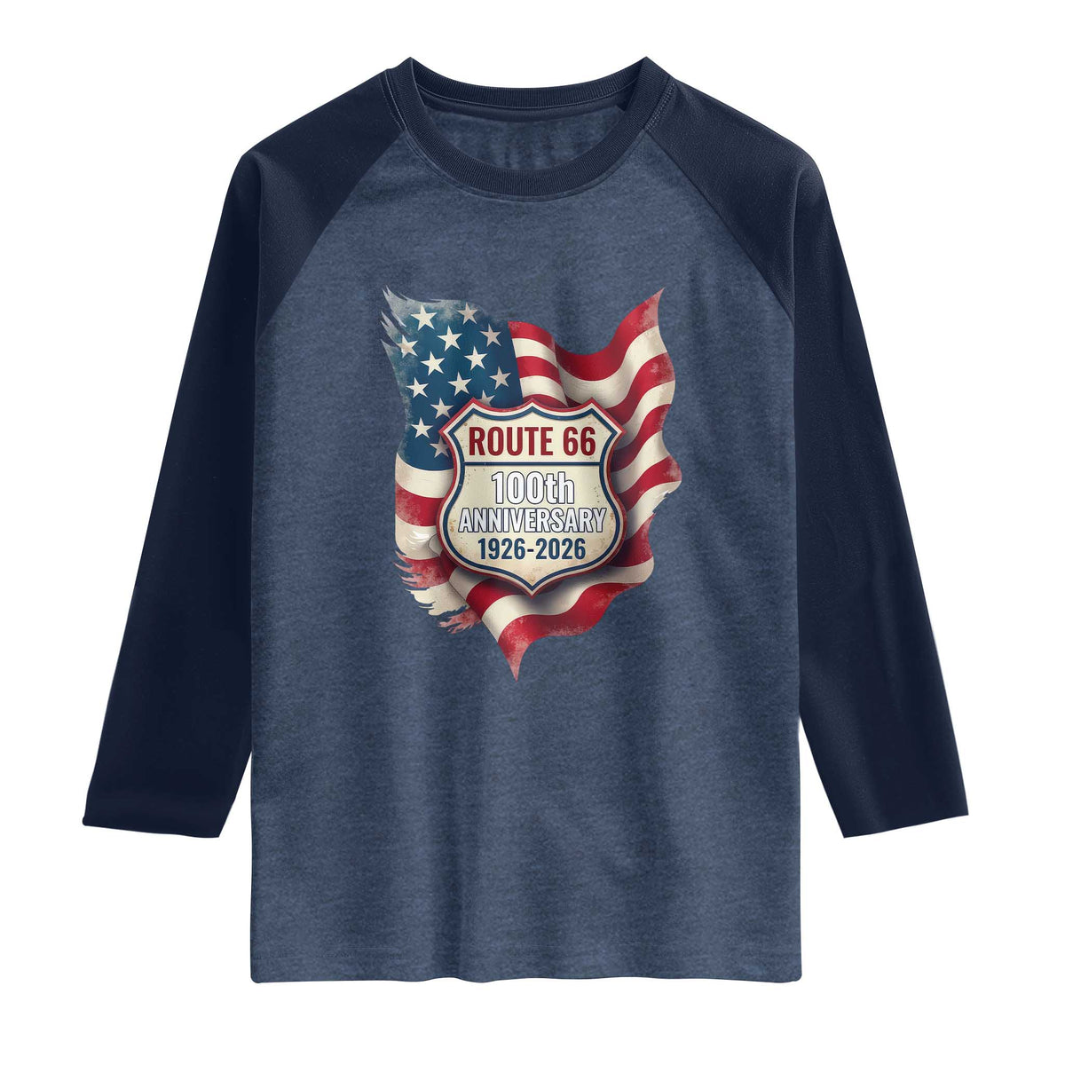 Route Highway 66 Centennial Raglan Shirt Vintage American Flag Patriotic Gift TS12 Heather Denim Navy Print Your Wear