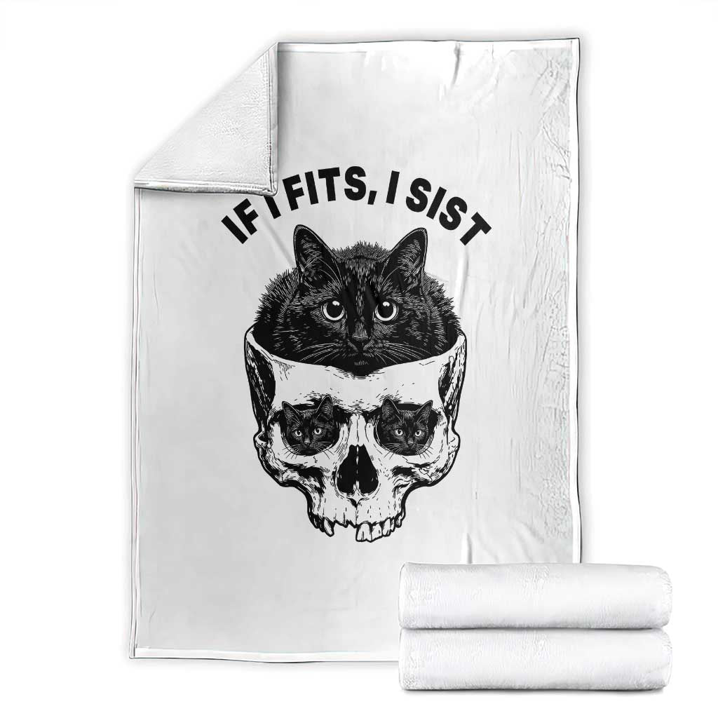 If I Fits I Sits Black Cat Skull Throw Blanket Gothic Dark Humor Gift TS12 White Print Your Wear