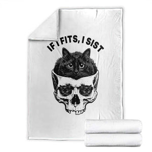 If I Fits I Sits Black Cat Skull Throw Blanket Gothic Dark Humor Gift TS12 White Print Your Wear