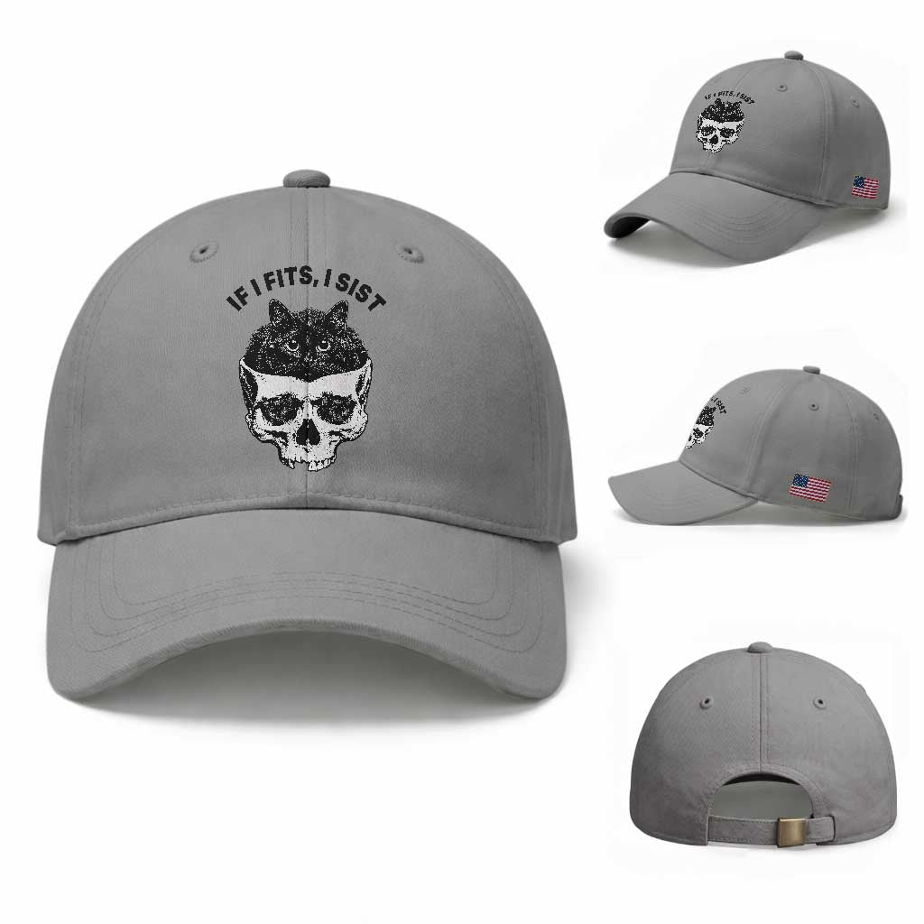 If I Fits I Sits Black Cat Skull Baseball Cap Gothic Dark Humor Gift TS12 Baseball Cap Universal Fit Sport Gray Print Your Wear