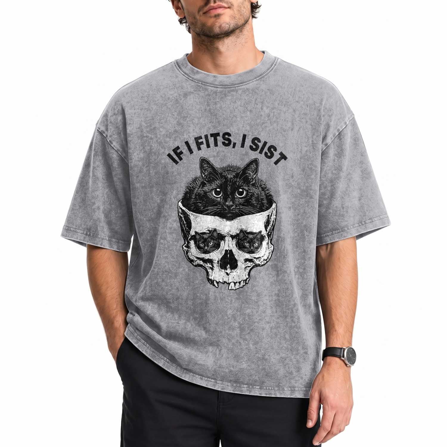 If I Fits I Sits Black Cat Skull Washed Cotton T-Shirt Gothic Dark Humor Gift
