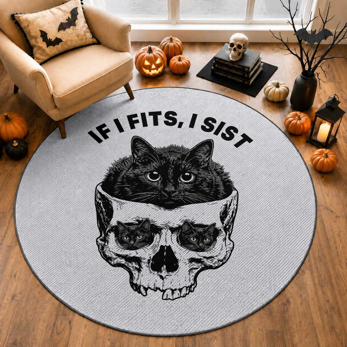 If I Fits I Sits Black Cat Skull Round Rug Gothic Dark Humor Gift