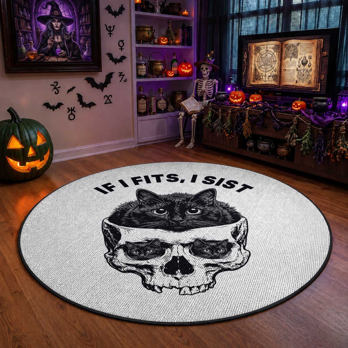 If I Fits I Sits Black Cat Skull Round Rug Gothic Dark Humor Gift