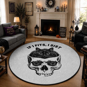 If I Fits I Sits Black Cat Skull Round Rug Gothic Dark Humor Gift