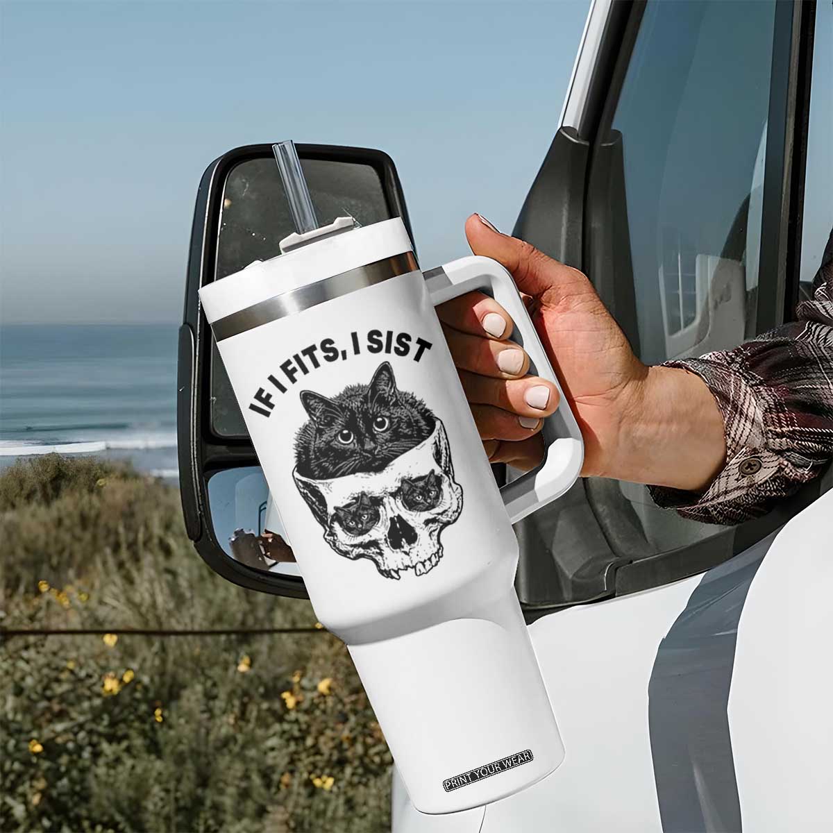 If I Fits I Sits Black Cat Skull Tumbler With Handle Gothic Dark Humor Gift TS12 Print Your Wear