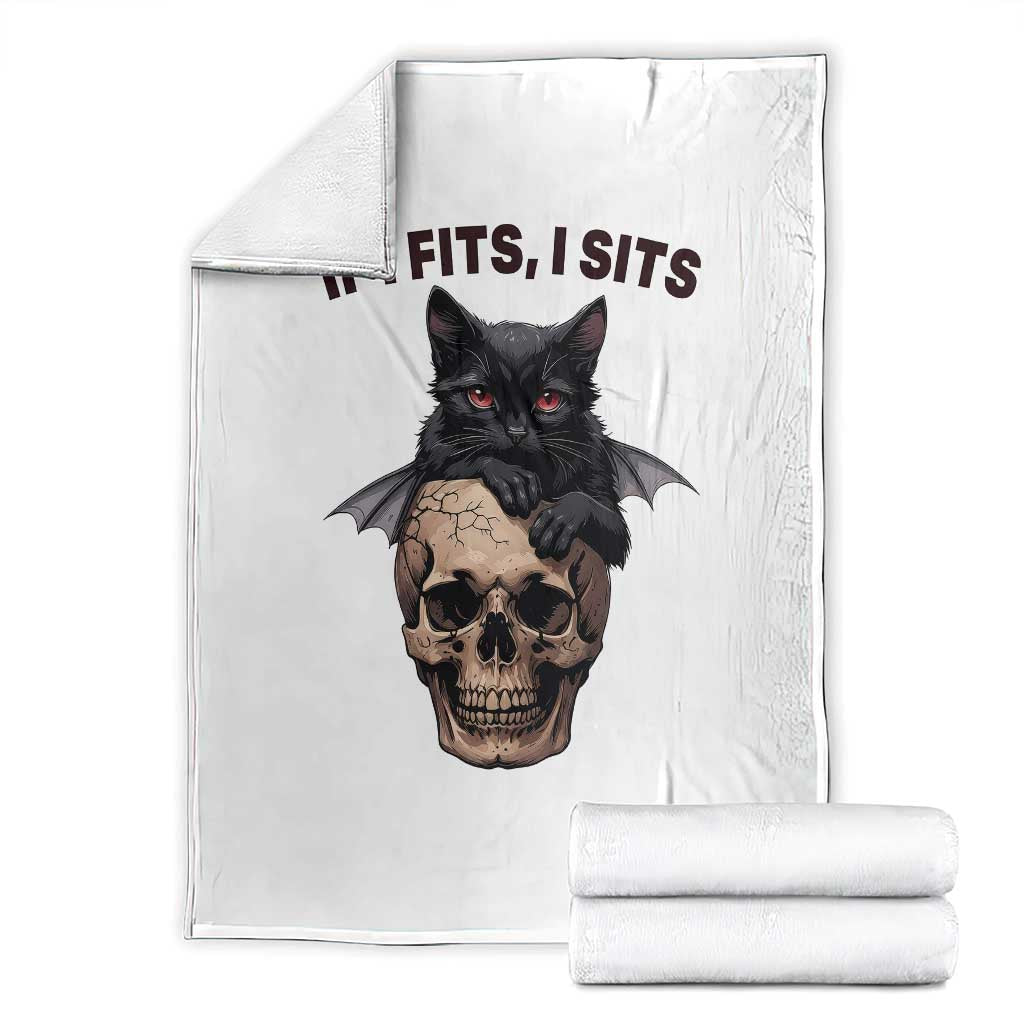 Gothic Cat Skull Graphic Throw Blanket If I Fits I Sits Creepy Cute Gift TS12 White Print Your Wear