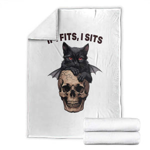 Gothic Cat Skull Graphic Throw Blanket If I Fits I Sits Creepy Cute Gift TS12 White Print Your Wear