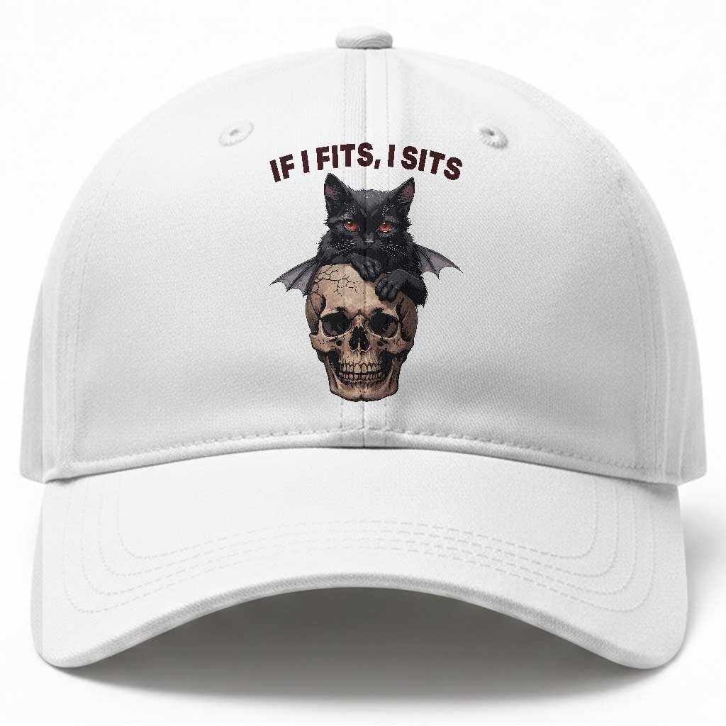 Gothic Cat Skull Graphic Baseball Cap If I Fits I Sits Creepy Cute Gift TS12 Print Your Wear