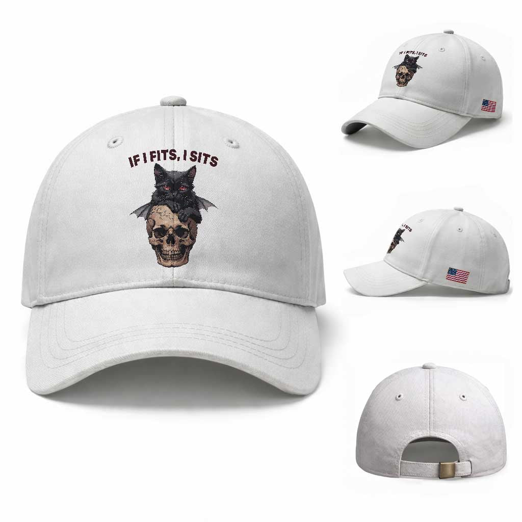 Gothic Cat Skull Graphic Baseball Cap If I Fits I Sits Creepy Cute Gift TS12 Baseball Cap Universal Fit White Print Your Wear