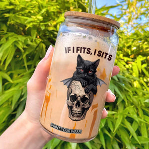Gothic Cat Skull Graphic Glass Can If I Fits I Sits Creepy Cute Gift TS12 White Print Your Wear