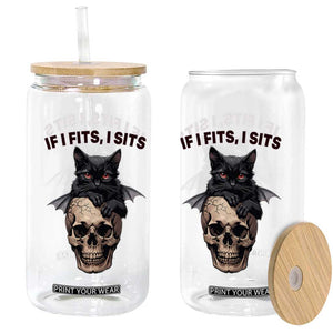 Gothic Cat Skull Graphic Glass Can If I Fits I Sits Creepy Cute Gift TS12 Print Your Wear