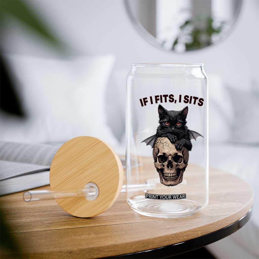 Gothic Cat Skull Graphic Glass Can If I Fits I Sits Creepy Cute Gift TS12 Print Your Wear