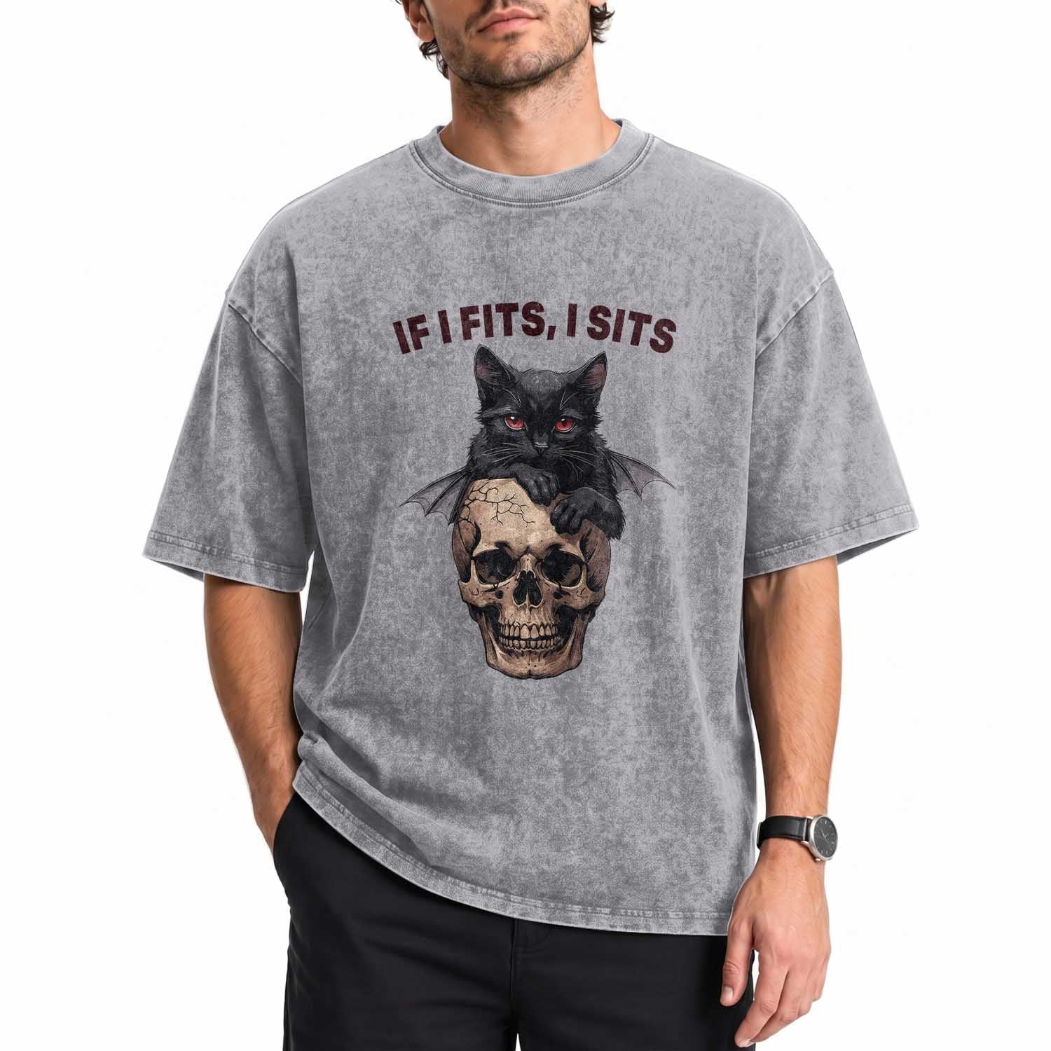 Gothic Cat Skull Graphic Washed Cotton T-Shirt If I Fits I Sits Creepy Cute Gift