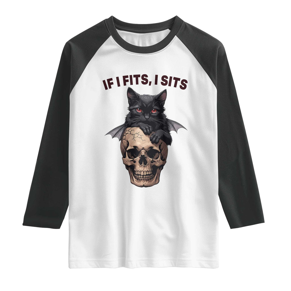 Gothic Cat Skull Graphic Raglan Shirt If I Fits I Sits Creepy Cute Gift TS12 White Black Print Your Wear