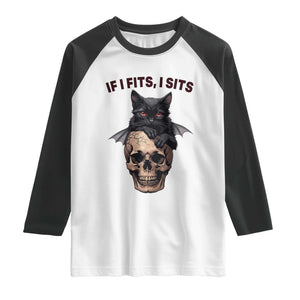 Gothic Cat Skull Graphic Raglan Shirt If I Fits I Sits Creepy Cute Gift TS12 White Black Print Your Wear