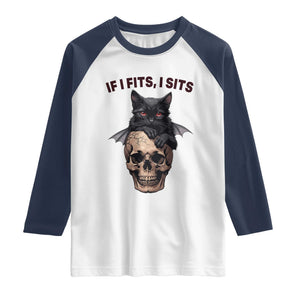 Gothic Cat Skull Graphic Raglan Shirt If I Fits I Sits Creepy Cute Gift TS12 White Navy Print Your Wear
