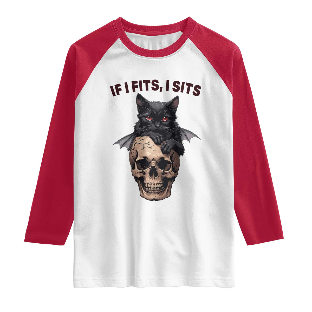 Gothic Cat Skull Graphic Raglan Shirt If I Fits I Sits Creepy Cute Gift TS12 White Red Print Your Wear