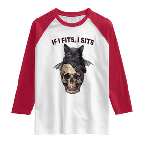 Gothic Cat Skull Graphic Raglan Shirt If I Fits I Sits Creepy Cute Gift TS12 White Red Print Your Wear