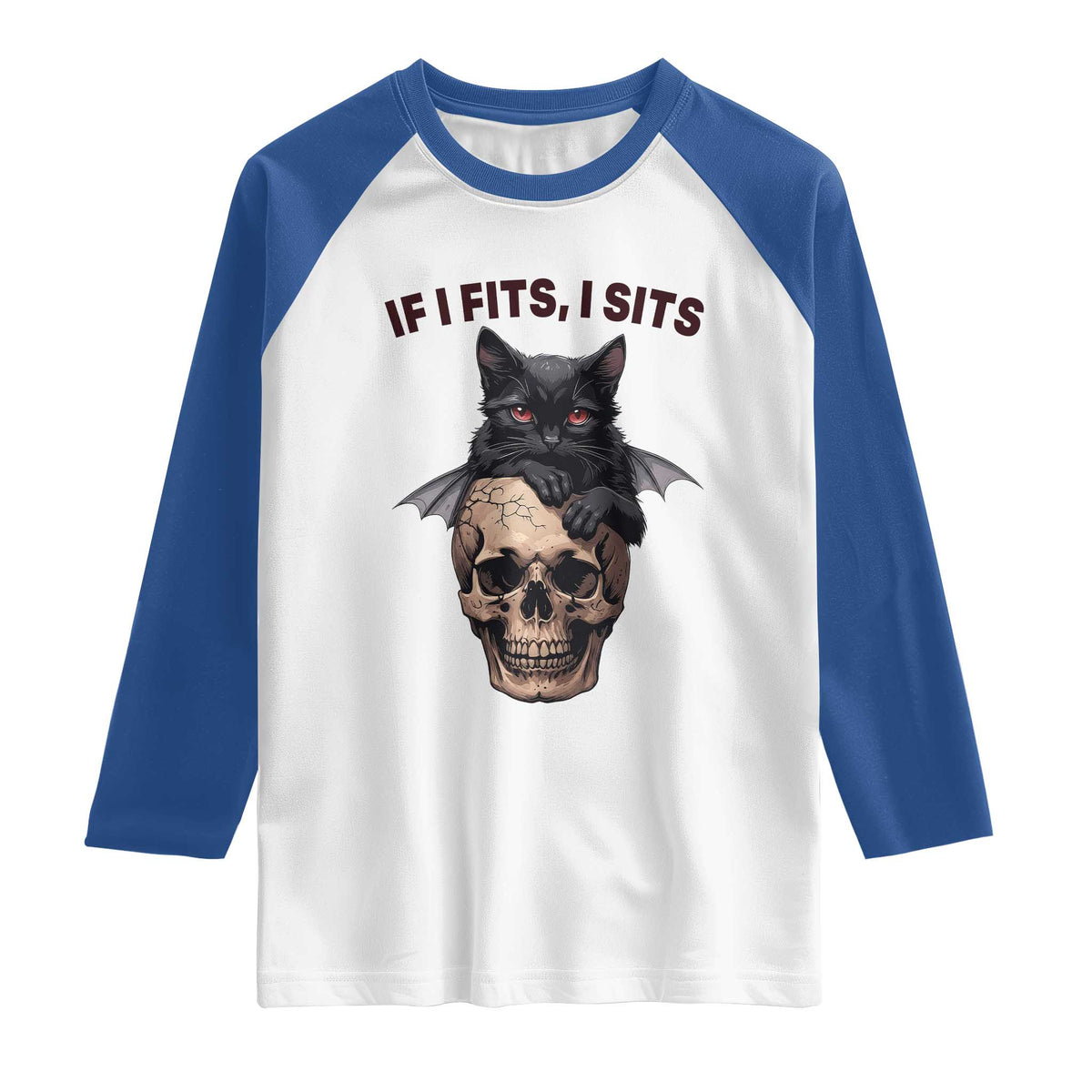 Gothic Cat Skull Graphic Raglan Shirt If I Fits I Sits Creepy Cute Gift TS12 White Royal Print Your Wear