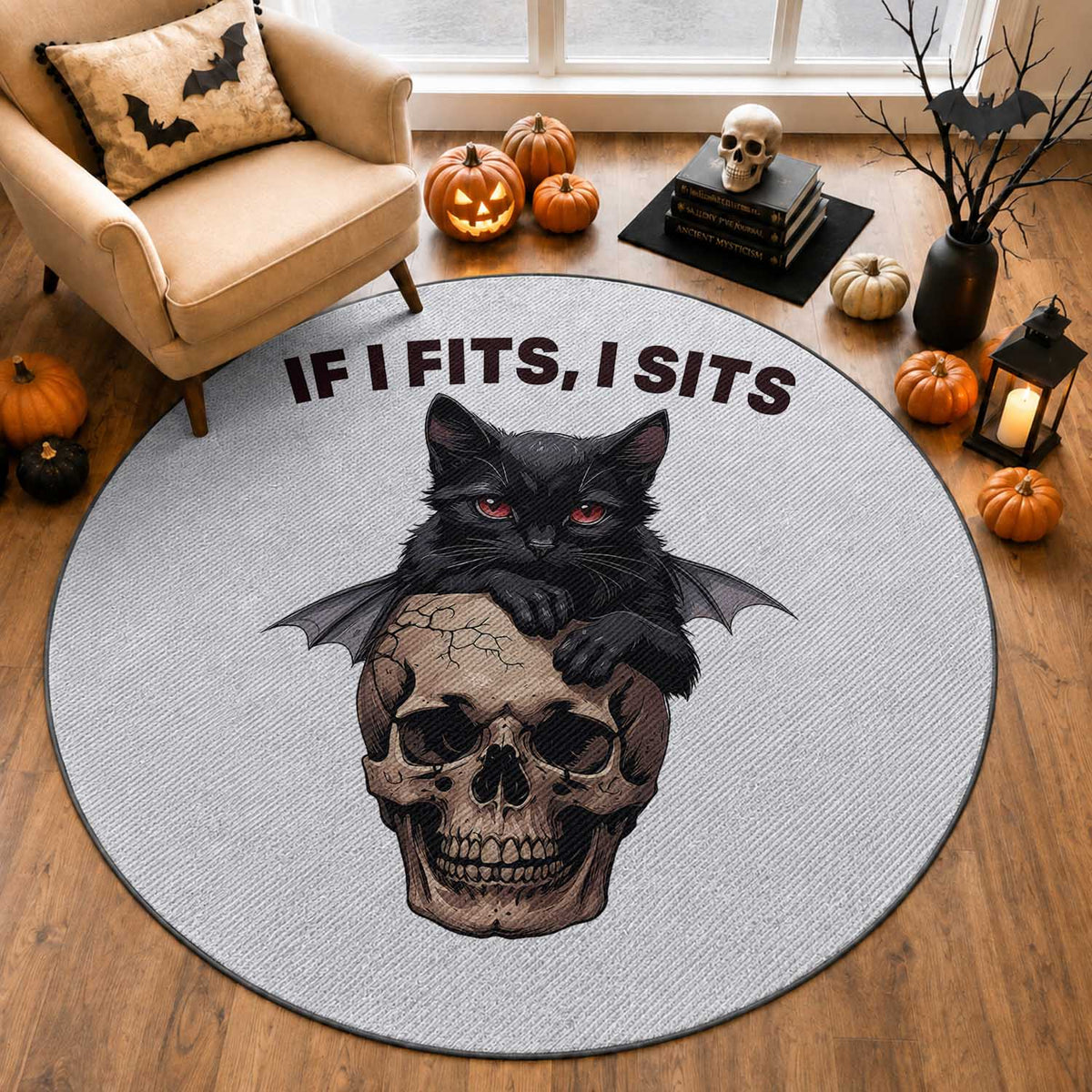Gothic Cat Skull Graphic Round Rug If I Fits I Sits Creepy Cute Gift