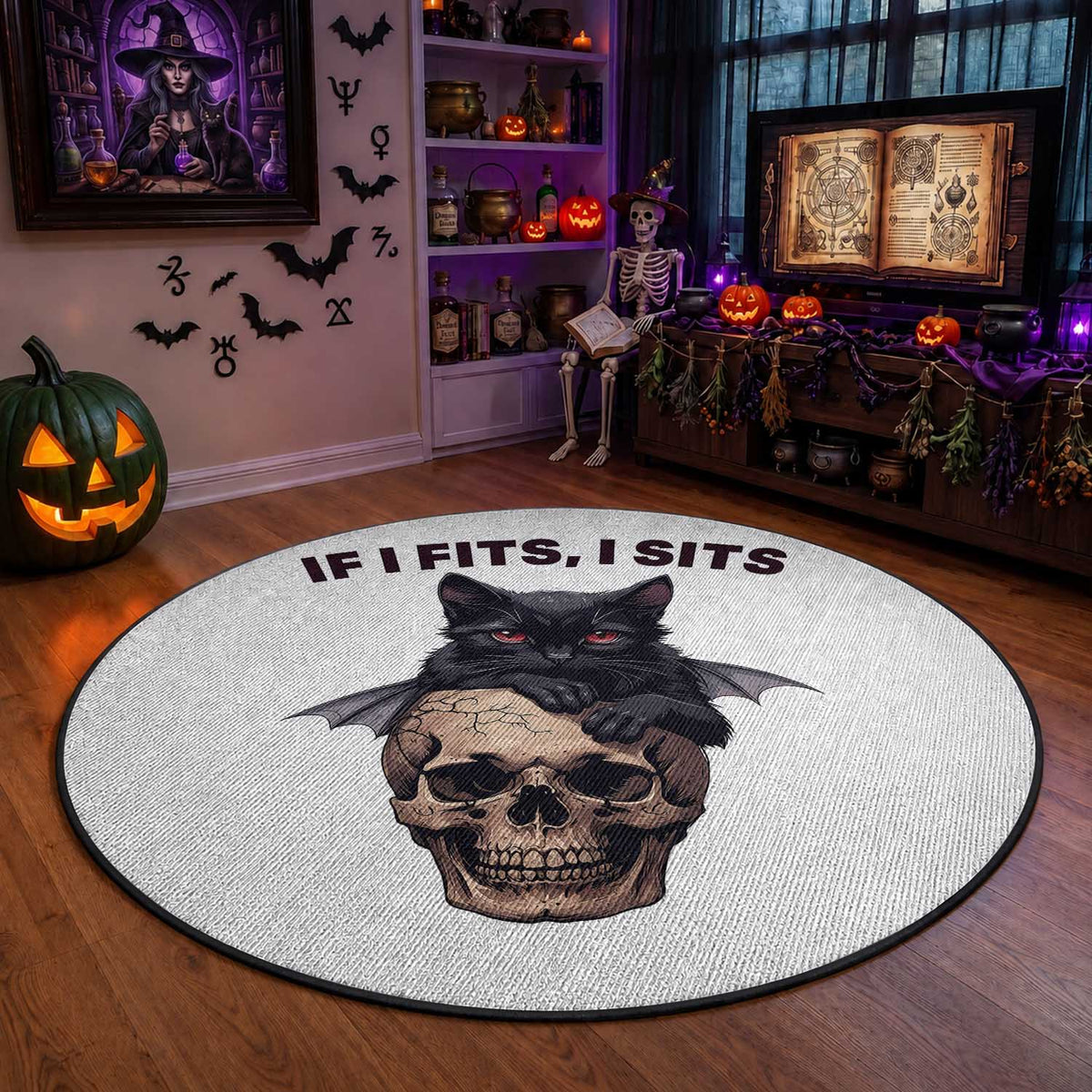 Gothic Cat Skull Graphic Round Rug If I Fits I Sits Creepy Cute Gift