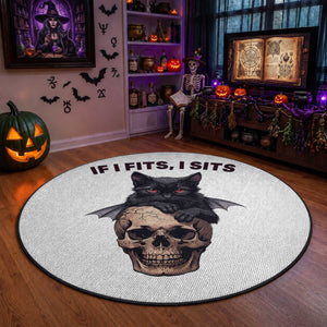 Gothic Cat Skull Graphic Round Rug If I Fits I Sits Creepy Cute Gift