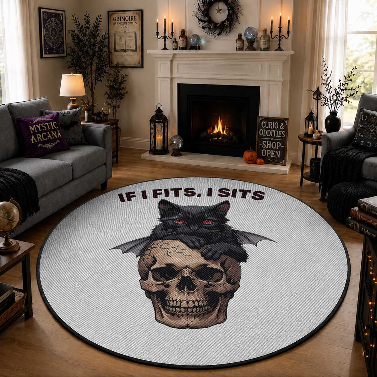 Gothic Cat Skull Graphic Round Rug If I Fits I Sits Creepy Cute Gift