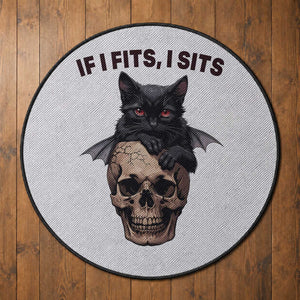 Gothic Cat Skull Graphic Round Rug If I Fits I Sits Creepy Cute Gift