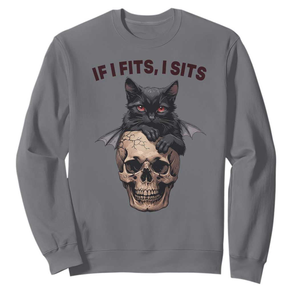 Gothic Cat Skull Graphic Sweatshirt If I Fits I Sits Creepy Cute Gift TS12 Charcoal Print Your Wear