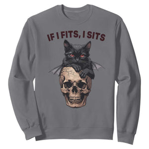 Gothic Cat Skull Graphic Sweatshirt If I Fits I Sits Creepy Cute Gift TS12 Charcoal Print Your Wear