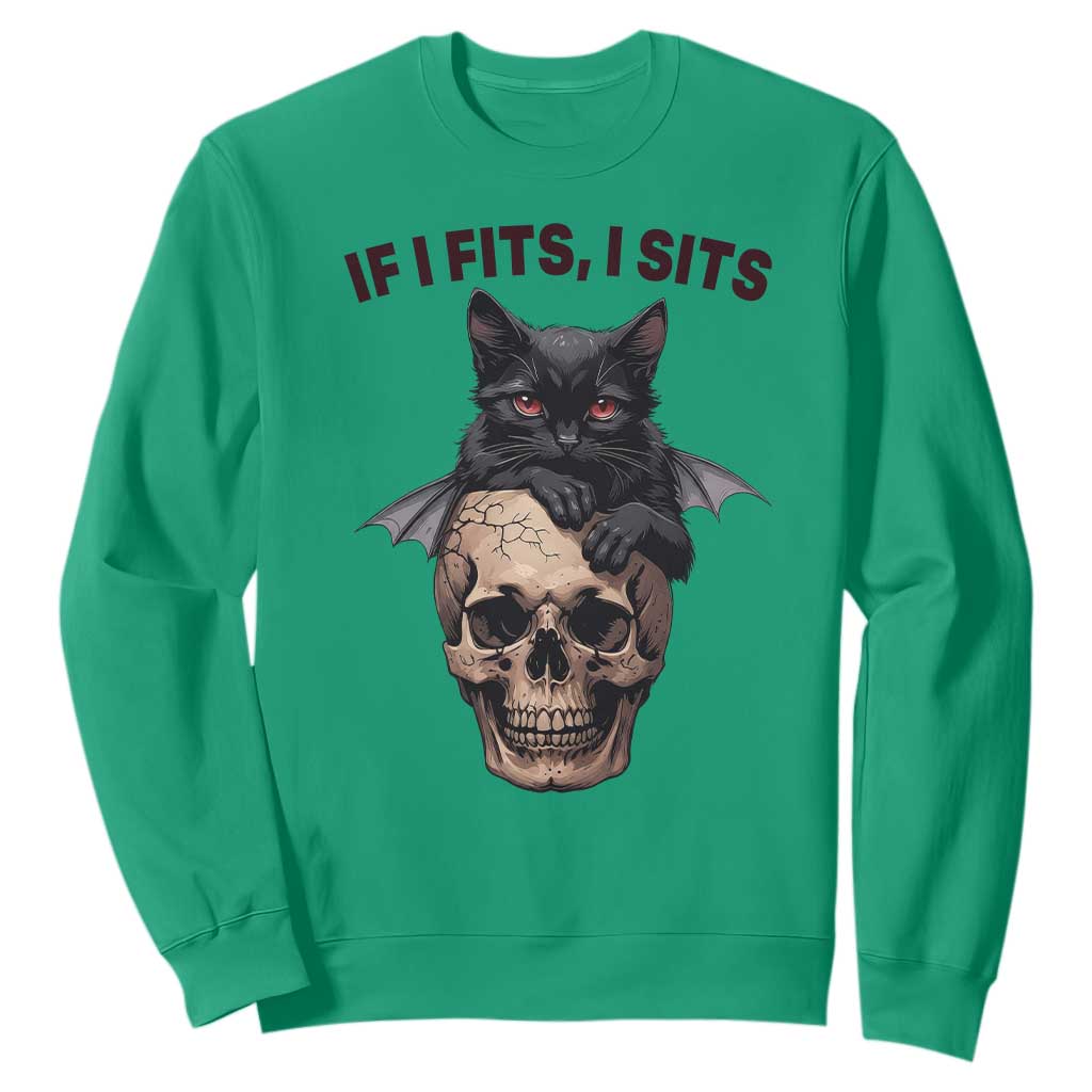 Gothic Cat Skull Graphic Sweatshirt If I Fits I Sits Creepy Cute Gift TS12 Irish Green Print Your Wear