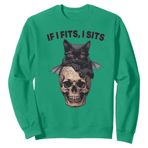 Gothic Cat Skull Graphic Sweatshirt If I Fits I Sits Creepy Cute Gift TS12 Irish Green Print Your Wear