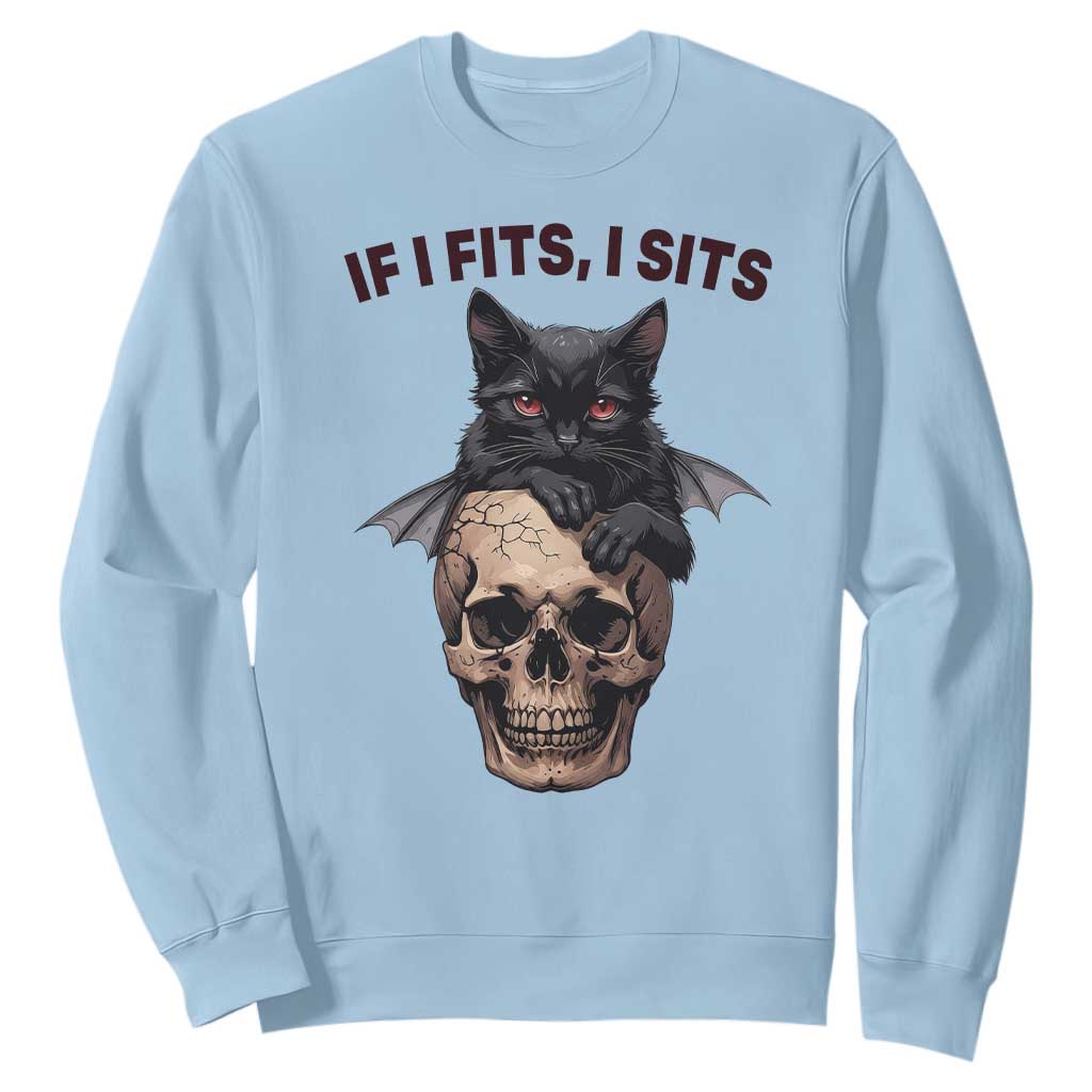 Gothic Cat Skull Graphic Sweatshirt If I Fits I Sits Creepy Cute Gift TS12 Light Blue Print Your Wear