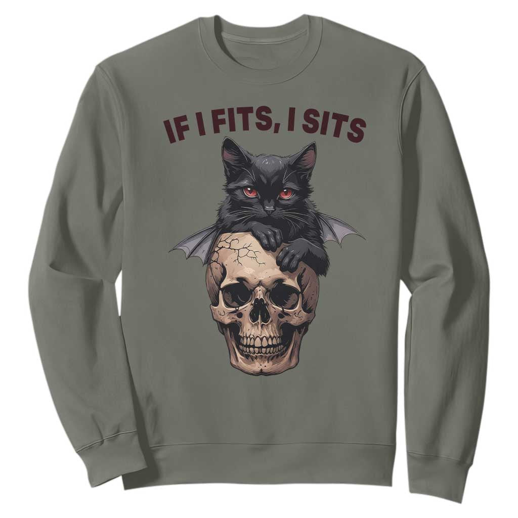 Gothic Cat Skull Graphic Sweatshirt If I Fits I Sits Creepy Cute Gift TS12 Military Green Print Your Wear