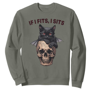 Gothic Cat Skull Graphic Sweatshirt If I Fits I Sits Creepy Cute Gift TS12 Military Green Print Your Wear