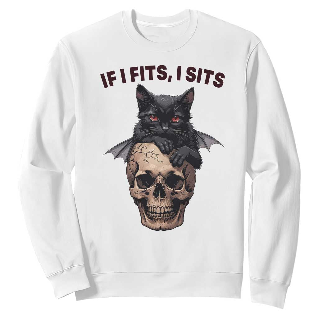 Gothic Cat Skull Graphic Sweatshirt If I Fits I Sits Creepy Cute Gift TS12 White Print Your Wear