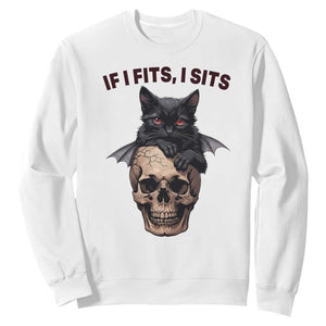 Gothic Cat Skull Graphic Sweatshirt If I Fits I Sits Creepy Cute Gift TS12 White Print Your Wear
