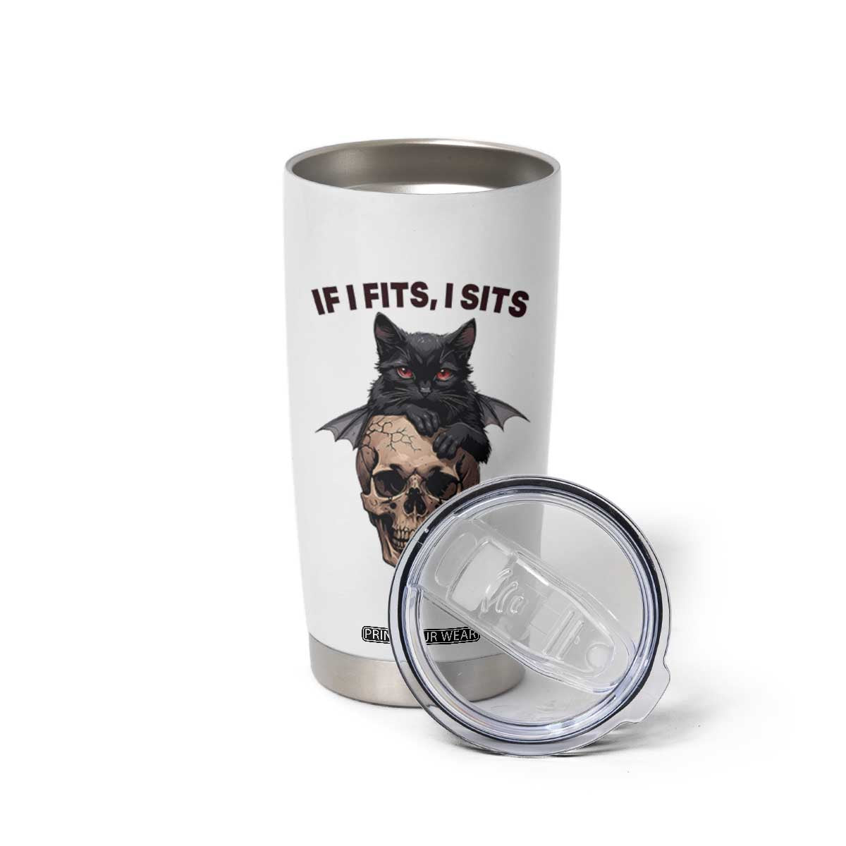 Gothic Cat Skull Graphic Tumbler Cup If I Fits I Sits Creepy Cute Gift TS12 Print Your Wear