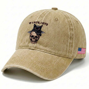 Gothic Cat Skull Graphic Washed Cotton Baseball Cap If I Fits I Sits Creepy Cute Gift TS12 Print Your Wear