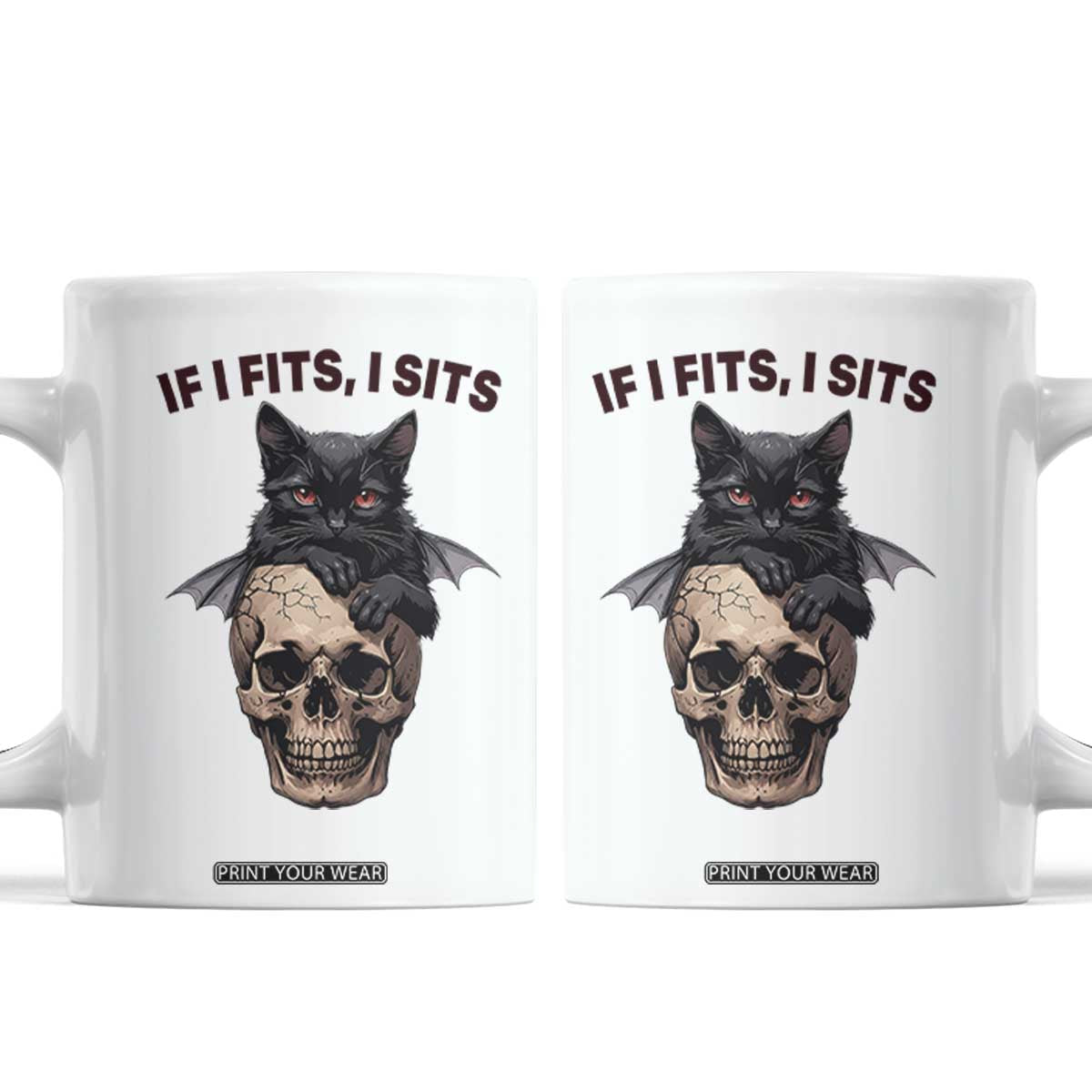 Gothic Cat Skull Graphic Coffee Mug If I Fits I Sits Creepy Cute Gift TS12 White Print Your Wear