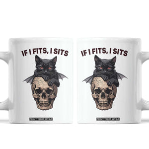 Gothic Cat Skull Graphic Coffee Mug If I Fits I Sits Creepy Cute Gift TS12 White Print Your Wear